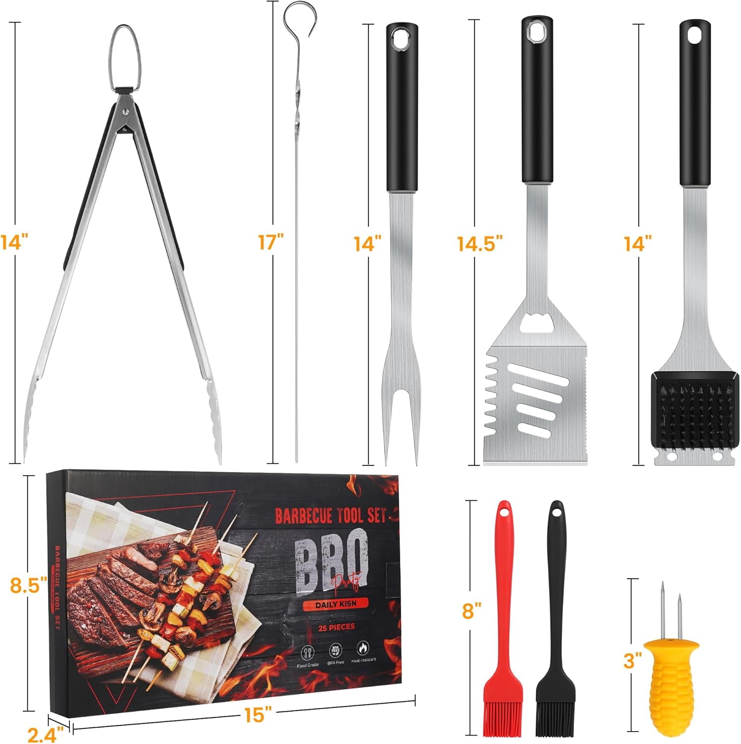 Grill Accessories Kit, Tool Set with 4-in-1 BBQ Spatula, Fork, Tongs, Cleaner Brush, Skewers, Silicone Corn Holders, Grilling Gift for Men and Women