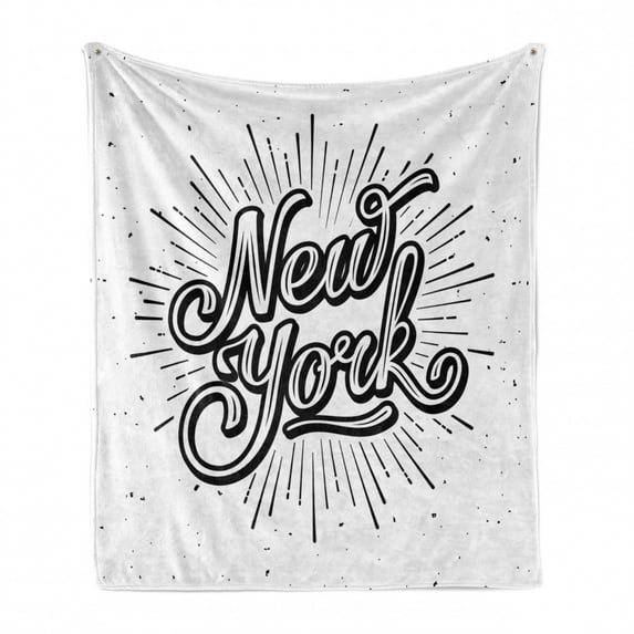 Vintage Soft Flannel Fleece Blanket, New York Typography Star Burst Calligraphy Hand Written Hipster Lettering Artwork, Cozy Plush for Indoor and Outdoor Use, 50" x 70", Black White, by Ambesonne