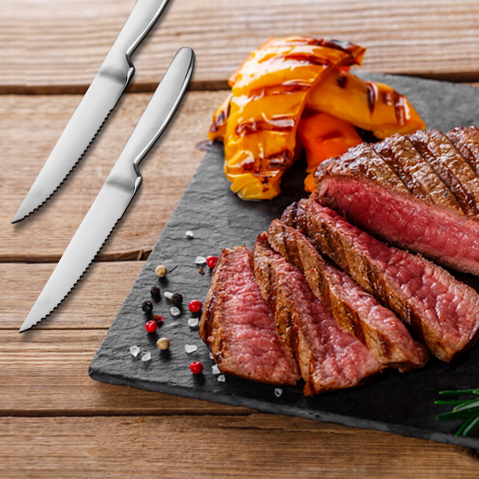 Buyer Star Kitchen Steak Knives Set of 6, 8.6 Inches Heavy Duty Steak Knife Sets, Stainless Steel Non-Stick Silverware Set for Home, Restaurant, Party, Wedding, Dishwasher Safe