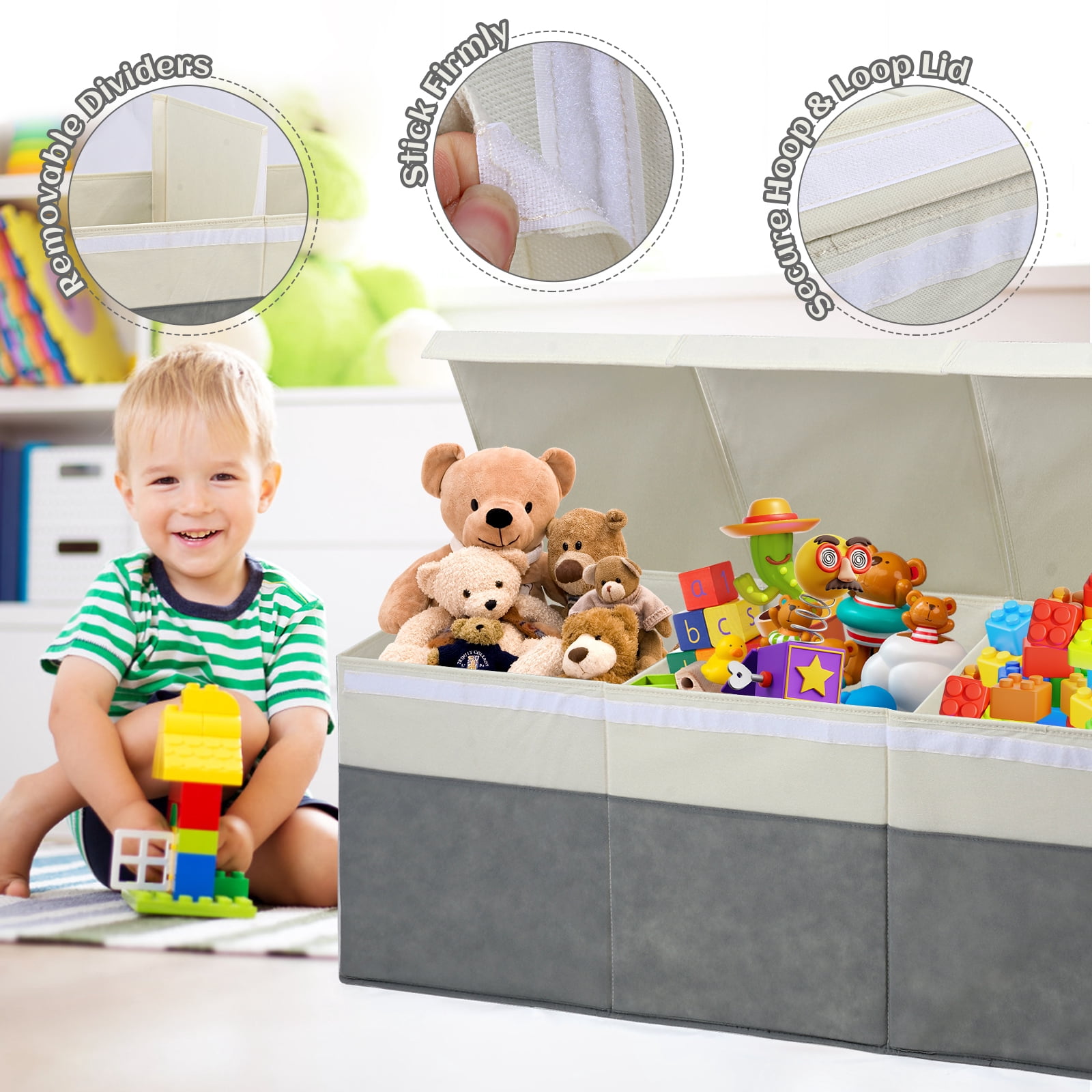 FIIOEOY Extra Large Collapsible Toy Storage Box with Lid, Divider & Mesh Pockets, 40”x14”x16”, White & Gray