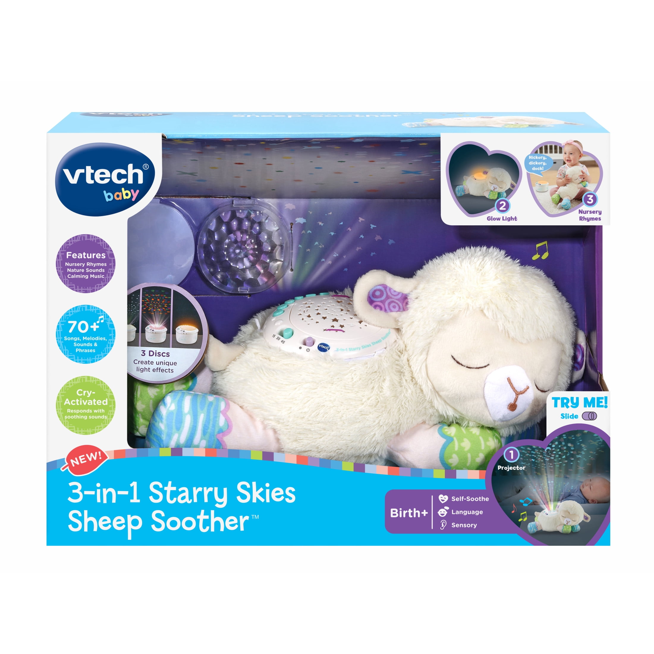 VTech Baby 3-in-1 Starry Skies Sheep Soother Plush for Babies & Kids, White/Blue