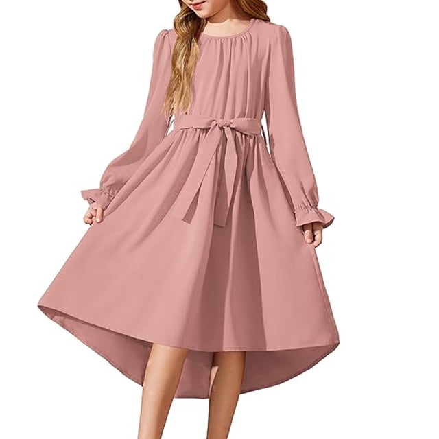 Vestido Largo de Manga Larga de Moda Y Cómodo Color Sólido con Cinturón para las Niñas, Falda Plisada para el Vestido de Cumpleaños para las Niñas