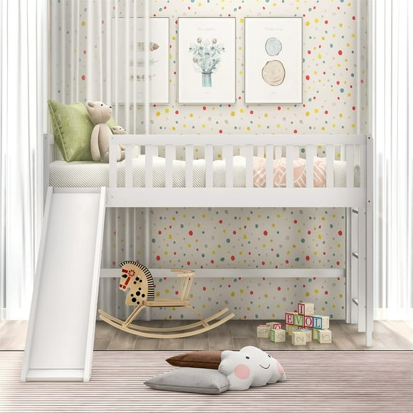 Harper & Bright Designs Twin Loft Bed , Kids Loft Bed Twin Size, Loft Bed with Slide ,Wood Low Loft Bed for Kids, No Box Spring Needed,White