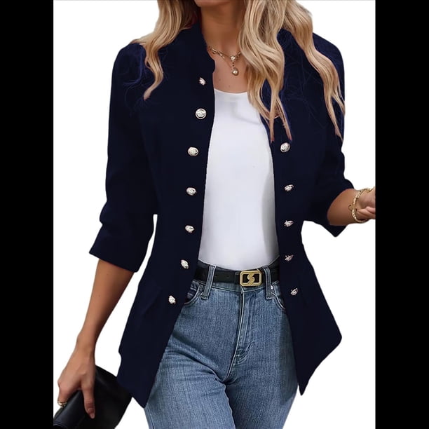 Conjunto de Chaqueta Informal de Negocios de Larga y Corte Entallado para Mujer, con Doble Botonadura y Abertura Frontal, para Otoño. Azul Oscuro L