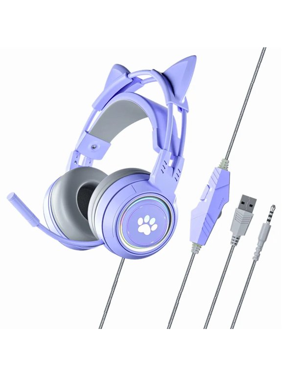 HiFi Stereo PC Headset Gamer Girls Pink Cat Headphones with Microphone RGB Light for PS4 Laptop Phone Wired Earphone