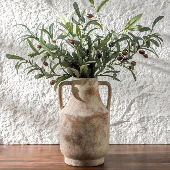 Ceramic Flower Vase with Handles, 11 inch Tall Vase for Centerpieces, Large Drative Terracotta Vases, Farmhouse Rustic Vases for Home Dr, Living Room, Table, Neutral
