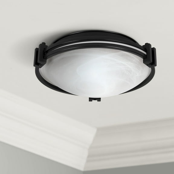 Possini Euro Design Deco Modern Ceiling Light Flush Mount Fixture 12 3/4" Wide Oil Rubbed Bronze 2-Light Marbleized Glass for Bedroom Kitchen Hallway