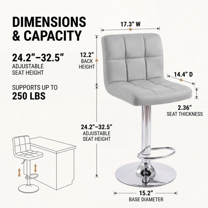 BEAUTYPEAK Adjustable Bar Stools Set of 2 PU Leather Swivel Counter Height Chairs with Backrest and Footrest, Gray