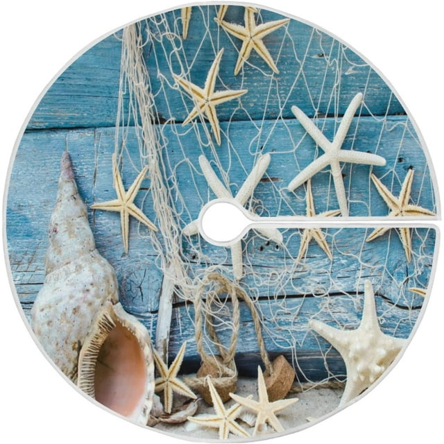 Summer Beach Seashell Starfish Christmas Tree Skirt 36 Inches Maritime Net Rustic Blue Wood Shells Xmas Tree Skirts Floor Door Mat Decorations for Holiday Party Indoor Outdoor Home Office Ornaments