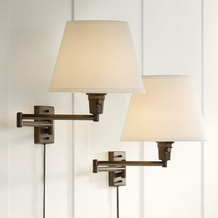 

360 Lighting Industrial Swing Arm Wall Lamps Set of 2 Oil Rubbed Bronze Plug-In Light Fixture White Linen Shade Bedroom Bedside