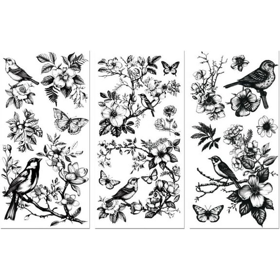 Rub on Transfer Decals DIY for Furniture Crafts 6"x12" 3Pcs Black and White Birds with Flowers Waterproof UV DTF Transfer Sticker DIY for Dresser Lingerie Chests Drawer Glass Porcelain Wood