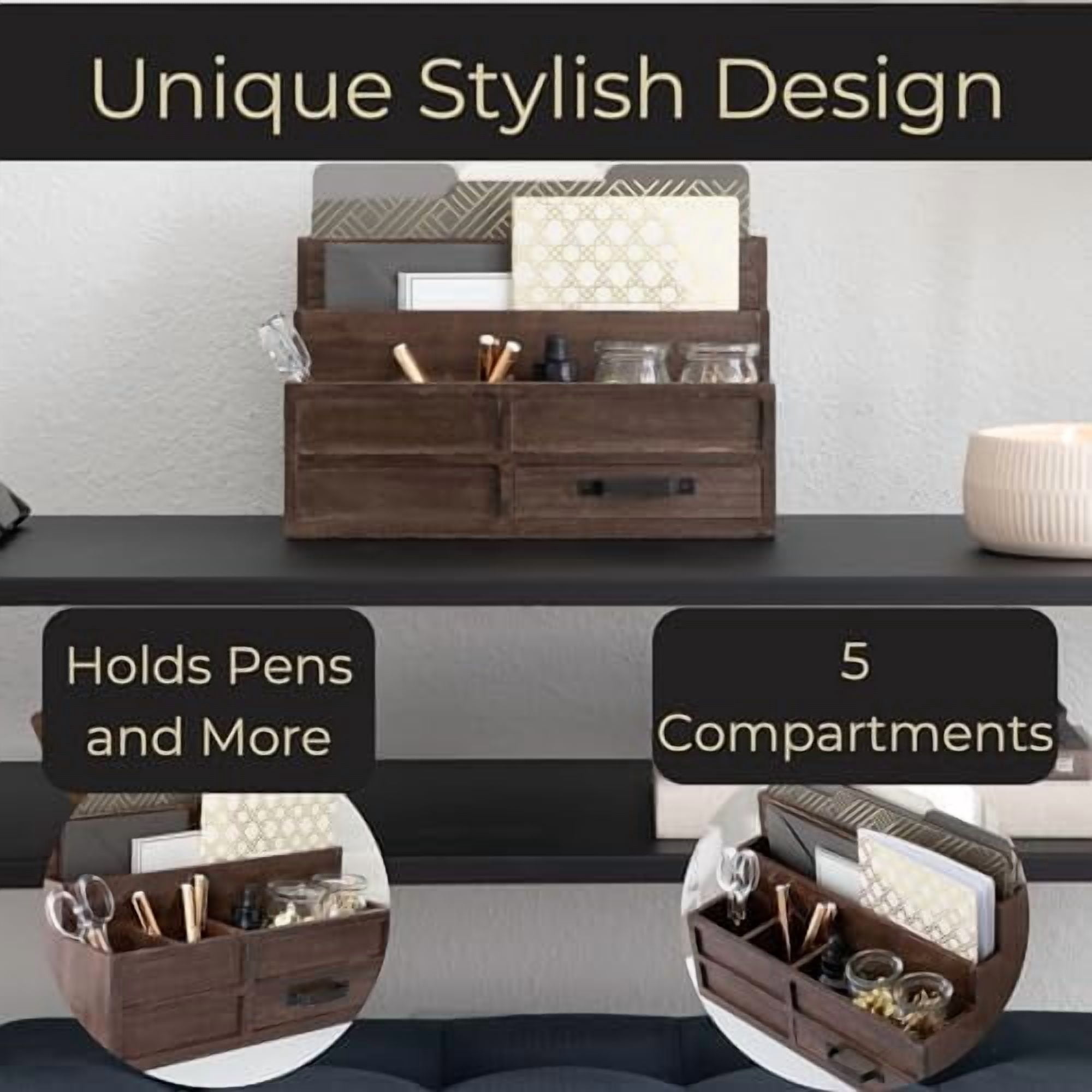Brown Wood Mail Organizer with Drawer & Pen Holder – Desk Organizer for Bills, Storage, Countertop & Kitchen