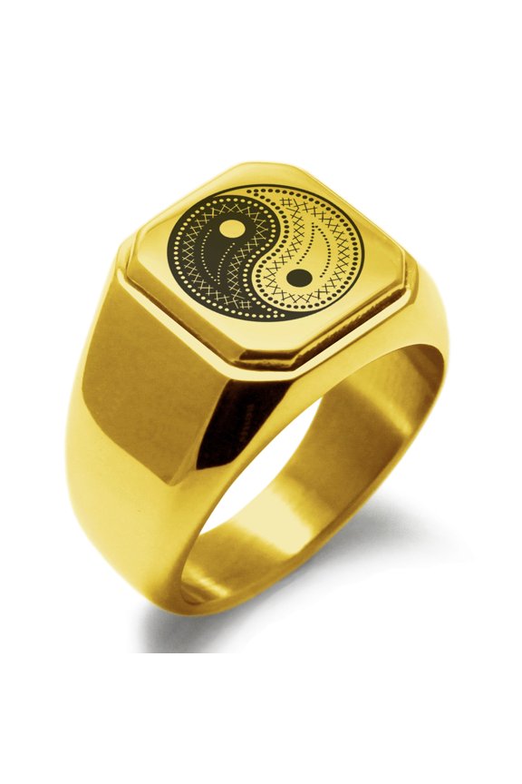 Stainless Steel Paisley Yin Yang Engraved Square Flat Top Biker Style Polished Signet Ring