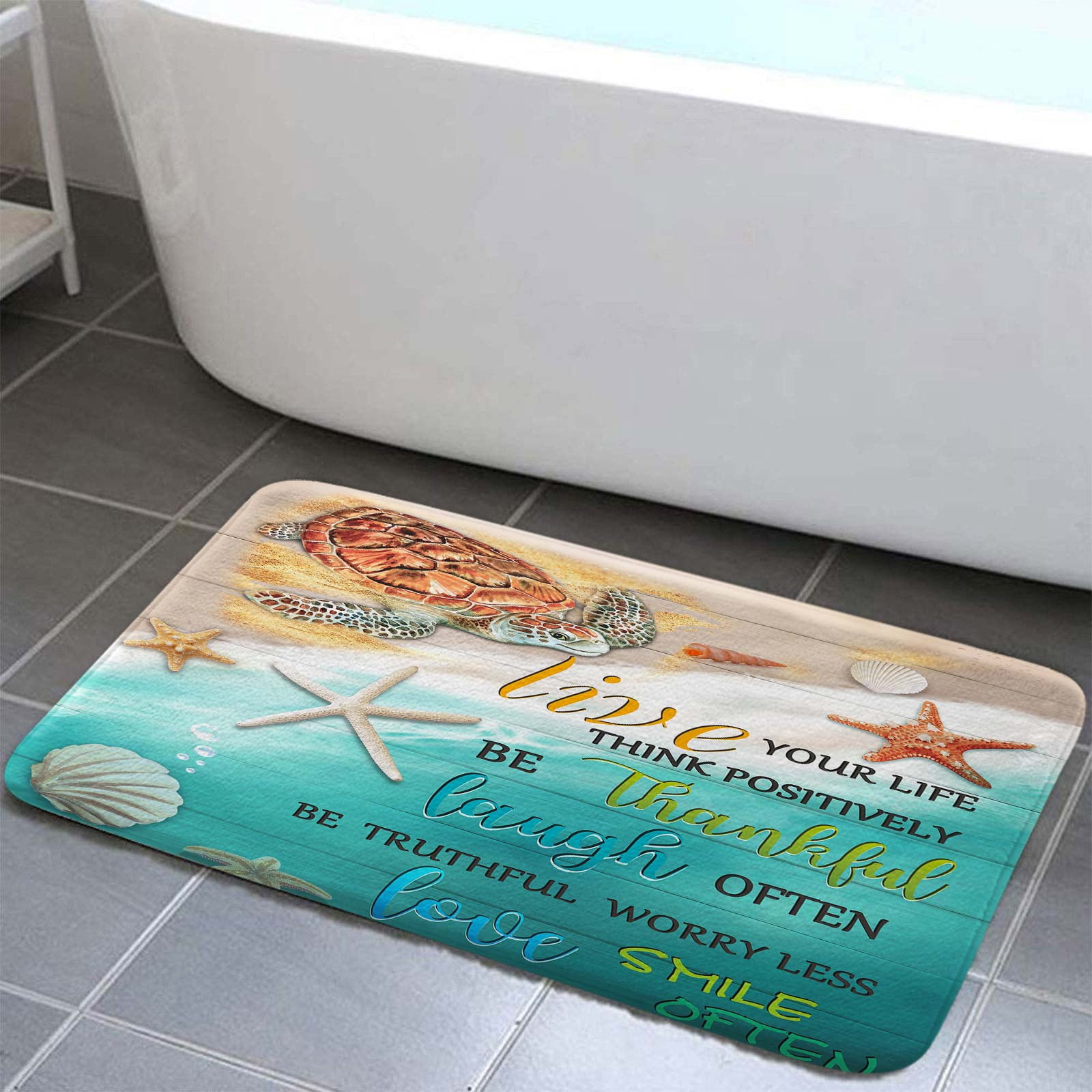 Sea Turtle Bath Mat, Turtles and Starfish Bath Rug for Bathroom, Rustic
