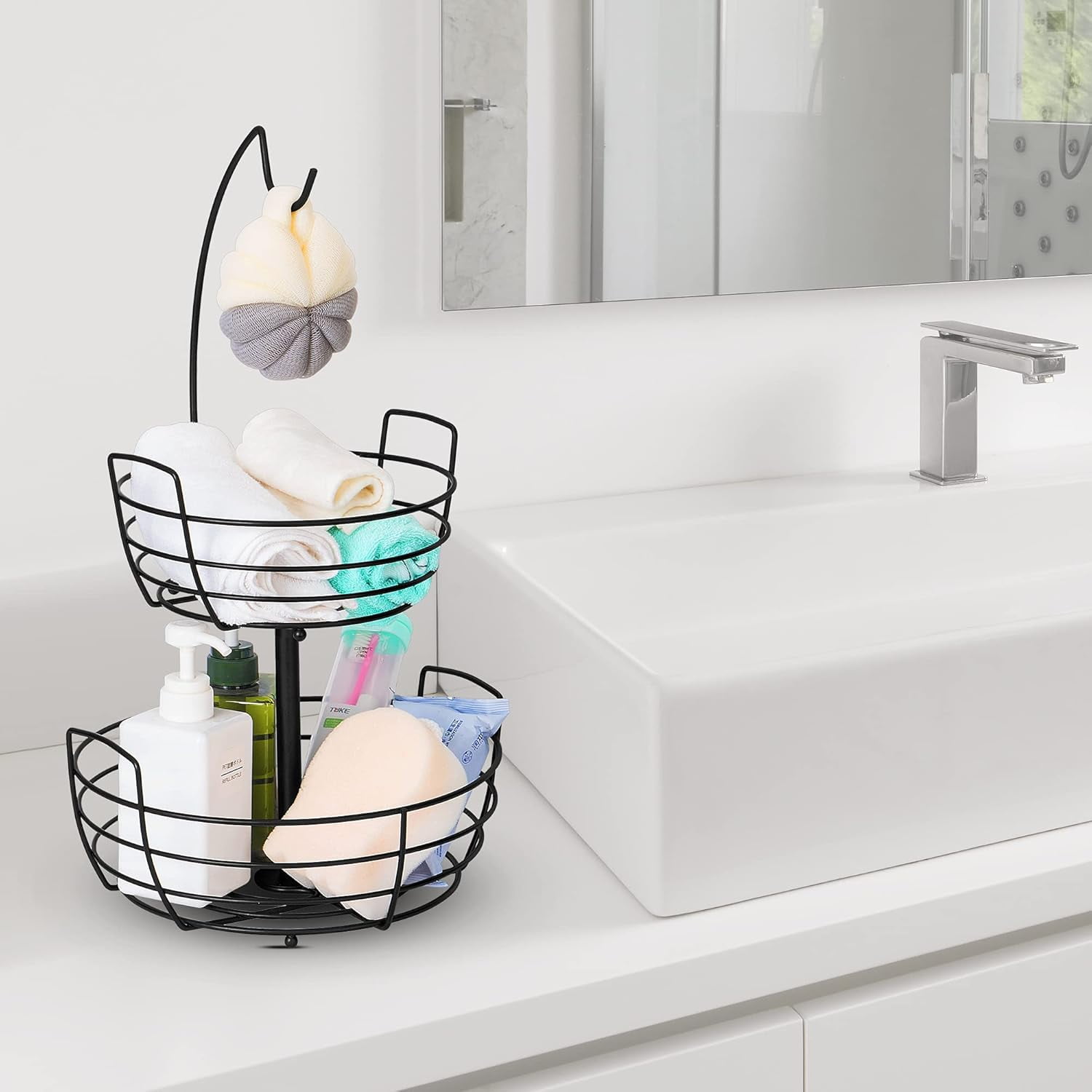 Fruit Basket Fruit Bowl 2 Tier Fruit Rack for Kitchen with Banana Hanger, Fruit Bowl for Kitchen Counter Bread Basket Fruit Holder