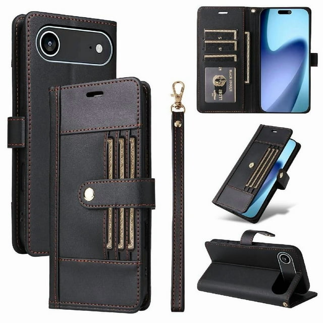 FOXDOCK Funda tipo Cartera para iPhone 17 Air – Cubierta de Cuero PU con Múltiples Ranuras, Bolsillo para Efectivo y Correa de Muñeca