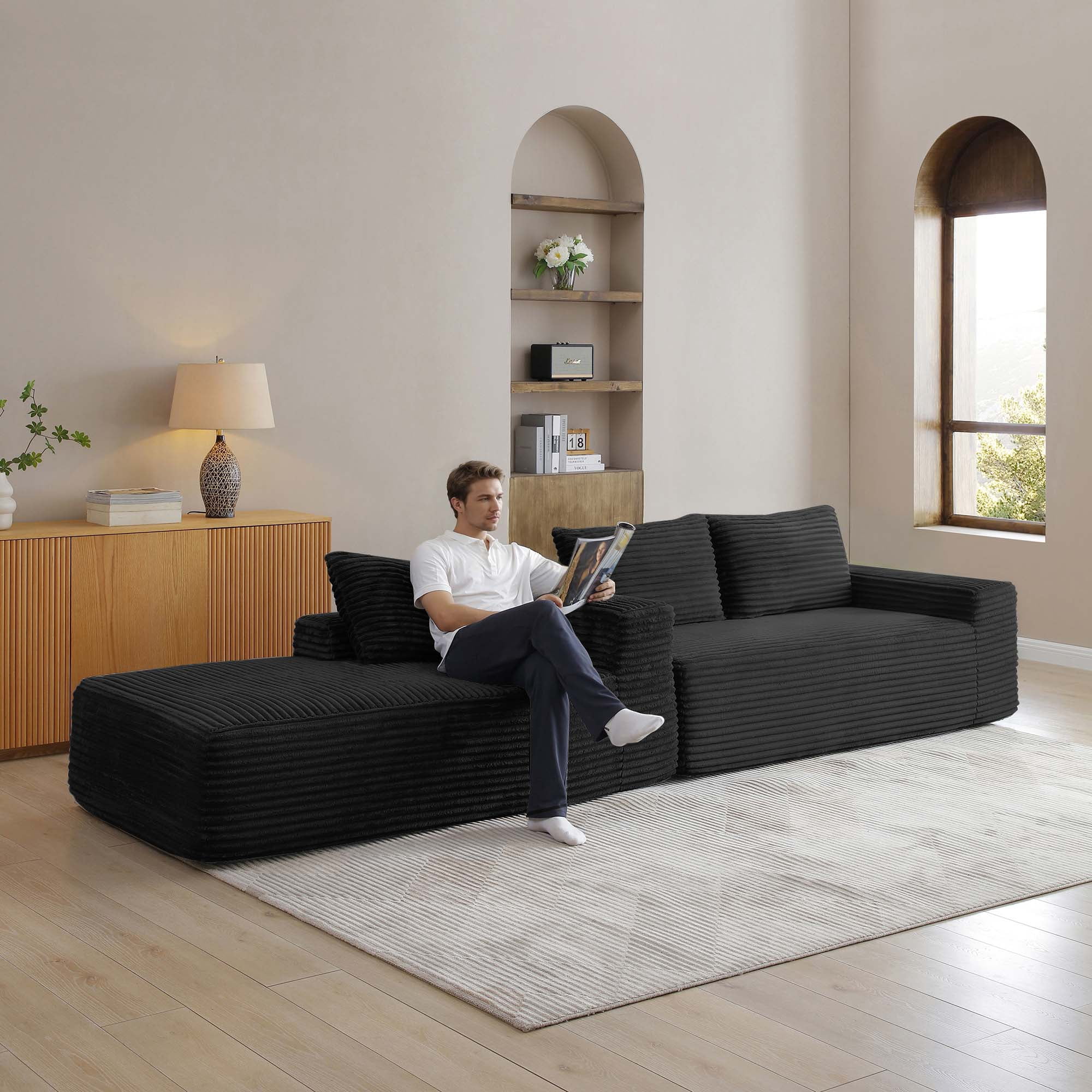 Miniyam Move-in Ready 97" Sectional, L-Shape Deep Seat & Chaise, No Assembly, Corduroy (Left Facing Chaise, Black)