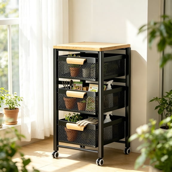 Tyab Rolling Storage Cart with Drawers Wood Top 3 4 Tier Kitchen Trolley Black White