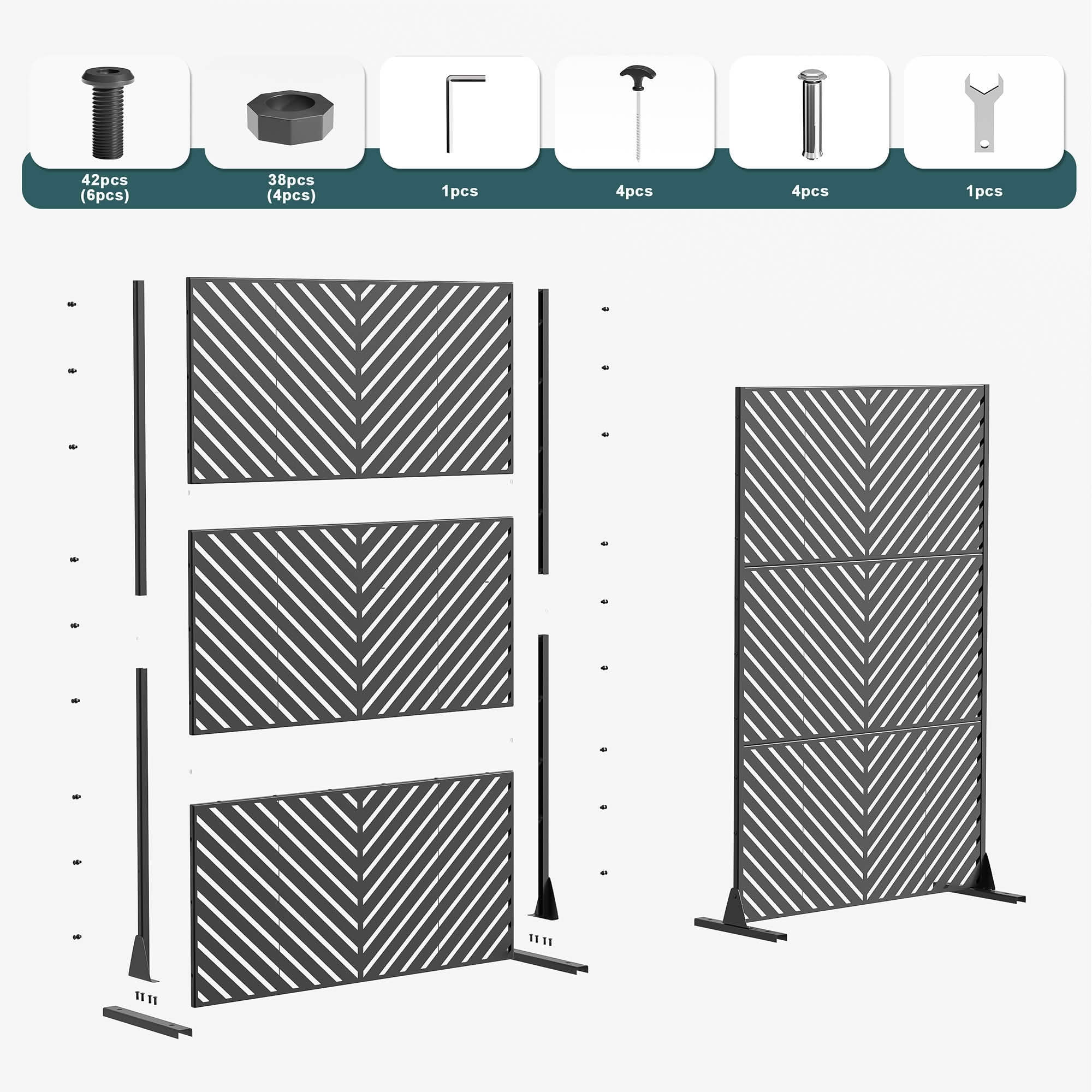 MAYEERTY 72x47x16 Inch Black Jungle Rectangular Galvanized Steel Privacy Screen, 3 Piece Set for Outdoor Garden