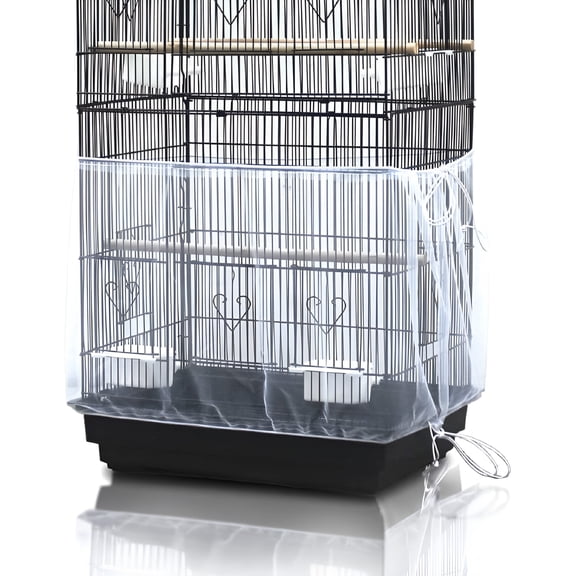 LAMIRO White Universal Bird Cage Cover with Seed Catcher Mesh, Parrot Cage Skirt - Nighttime Pet Comfort