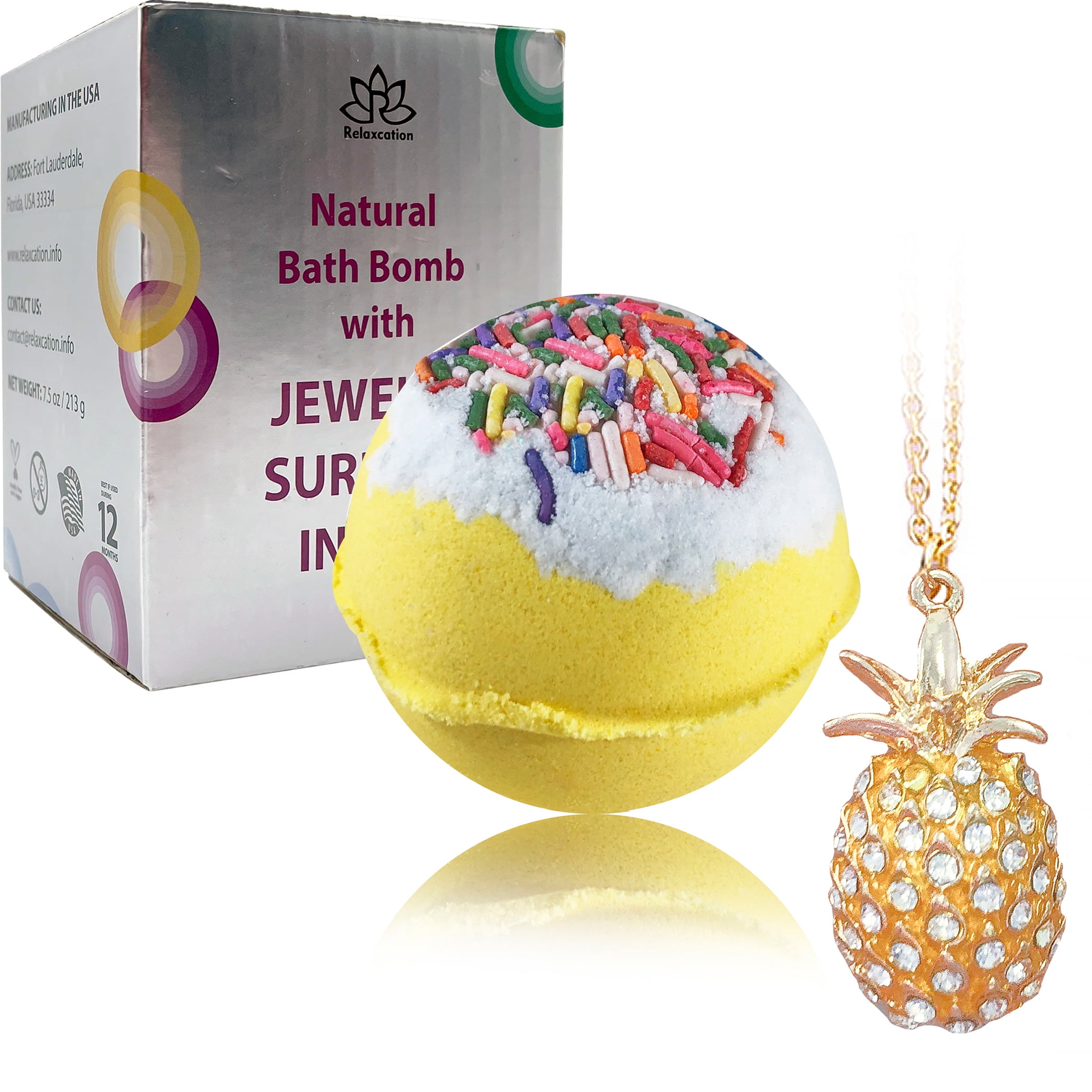 Bath Bombs Jewelry with Necklace Pineapple Inside - Perfect Treasure Hidden In Huge Bath Bomb - Fizzy and Bubble Organic Bathbomb in Gift Box For