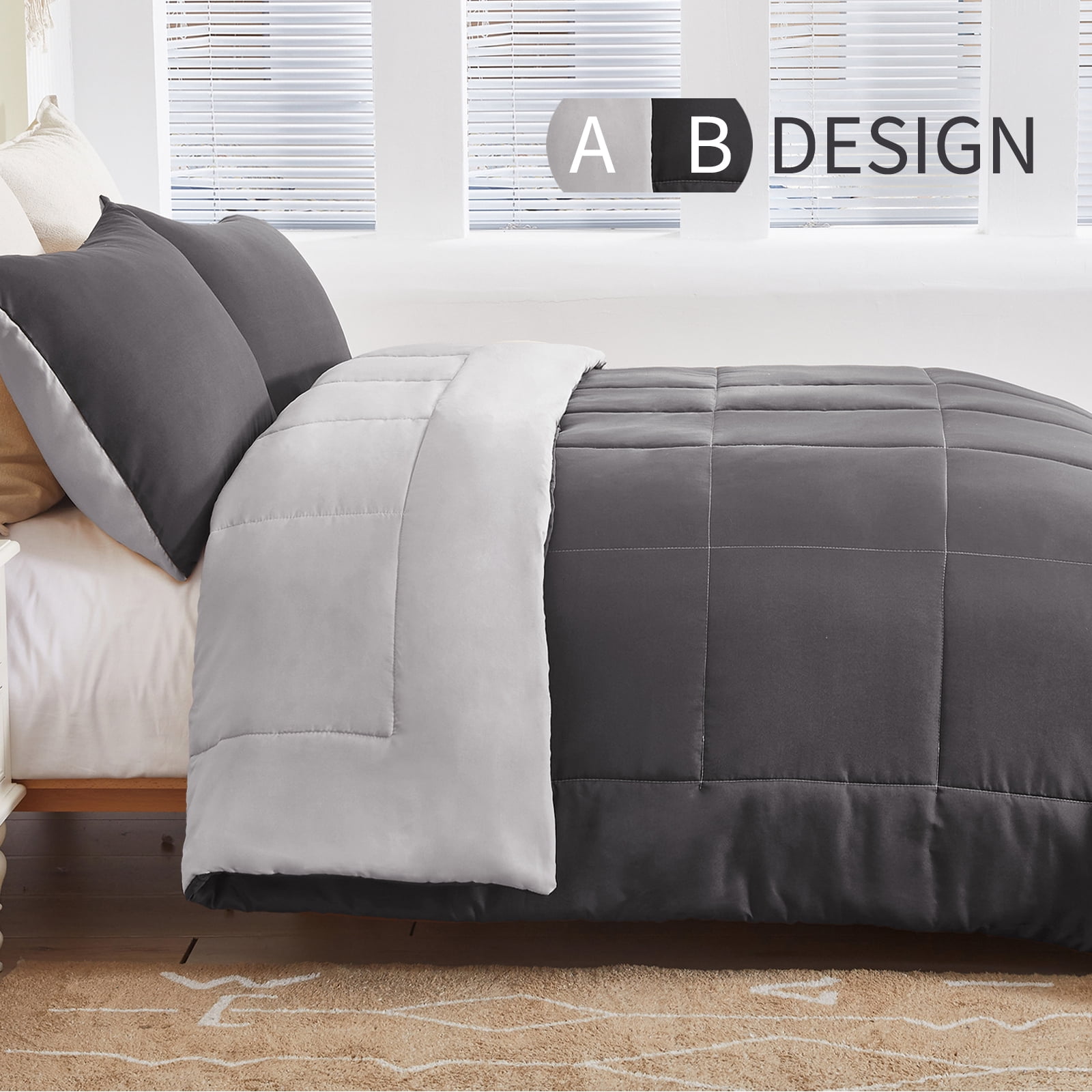 Exclusivo Mezcla Lightweight Reversible 3-Piece Comforter Set All Seasons, Down Alternative Comforter with 2 Pillow Shams, King Size, Grey
