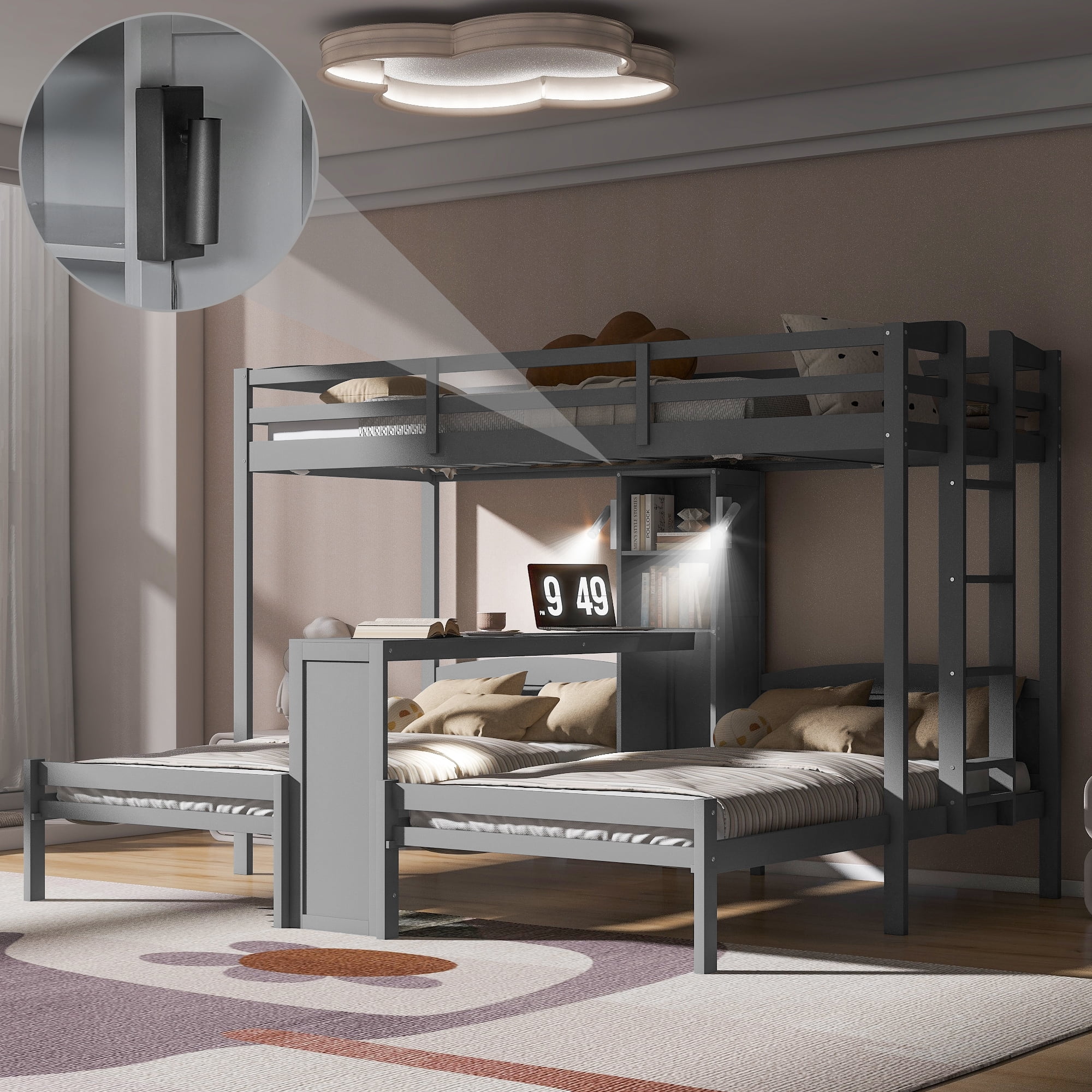 Mintazer Twin over Twin over Twin Bunk Bed with Desk, Bunk Bed with Reading Lamp and Storage Shelves, Gray