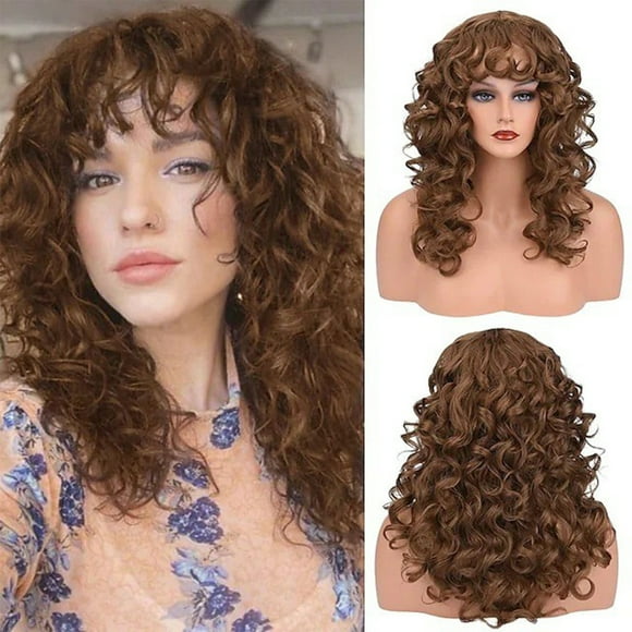 HHBEAUTY Wig with Bangs for Women Shoulder Length Bob Wavy Women's Charming Synthetic Dark Brown mixed blonde highlight Wigs with Natural Curly Heat Resistant Hair for Daily Party Use, Coffee