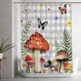 thumbnail image 5 of Spring Mushroom Shower Curtain, 72" x 72", Daisy Butterfly Leaf Light Gray Plaid Waterproof Bathroom Curtain Washable Shower Curtain Set with 12 Hooks, 5 of 9