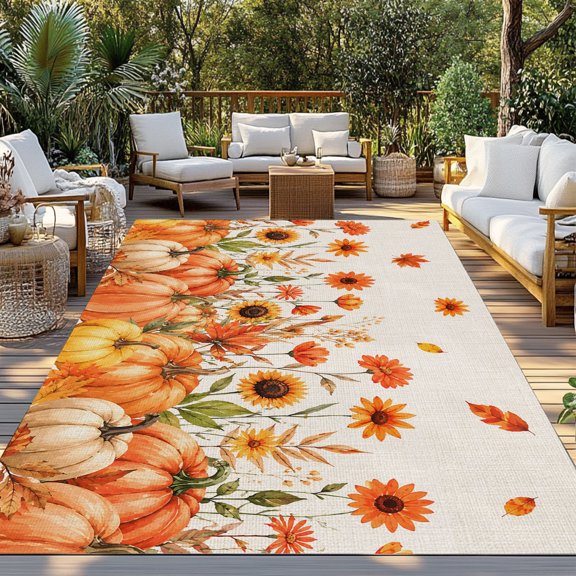 Outdoor Rug, Fall Pumpkin Sunflower Leaf Indoor Area Rug Outdoor Carpet RV Camping Rugs 3x5ft Thanksgiving Botanical Retro Linen Outside Mat for Patio Picnic Porch Deck Balcony Backyard