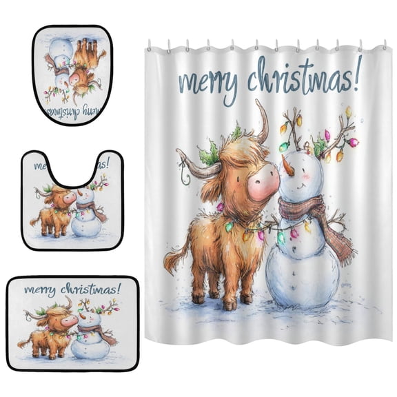 Shower Curtain and Rug Sets 4pcs Bathroom Sets Includes 12 Free Hooks 66" x 72" Highland Cow and Snowman