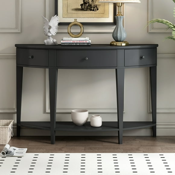 U-Style Curved Console Table with 3 Drawers 51.1“ Black