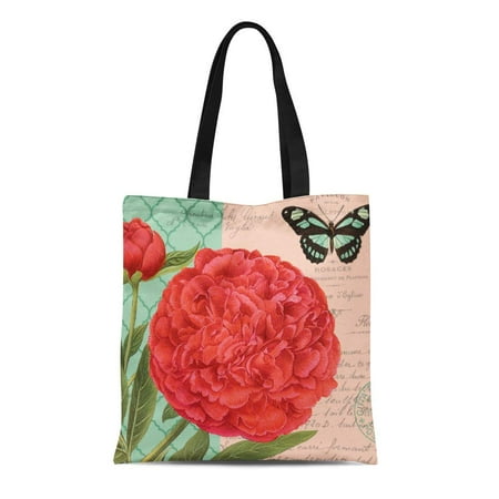 Bags Beaded Vintage Floral Handbag ASHLEIGH Canvas Tote Bag French Modern Vintage Peony and Seafoam Coral Quatrefoil Floral Reusable Handbag Shoulder Grocery Shopping Bags ()