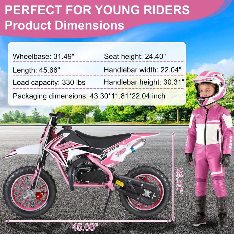 Korogimeeet Gas Powered Pink Mini Dirt Bike 49cc 2-Stroke, Hand-Pull Start, 10 Inch Off-Road Tires, Dual Disc Brakes, Infinitely Variable, 30KM/H Max Speed, 150kg, 47 x 28 Inch