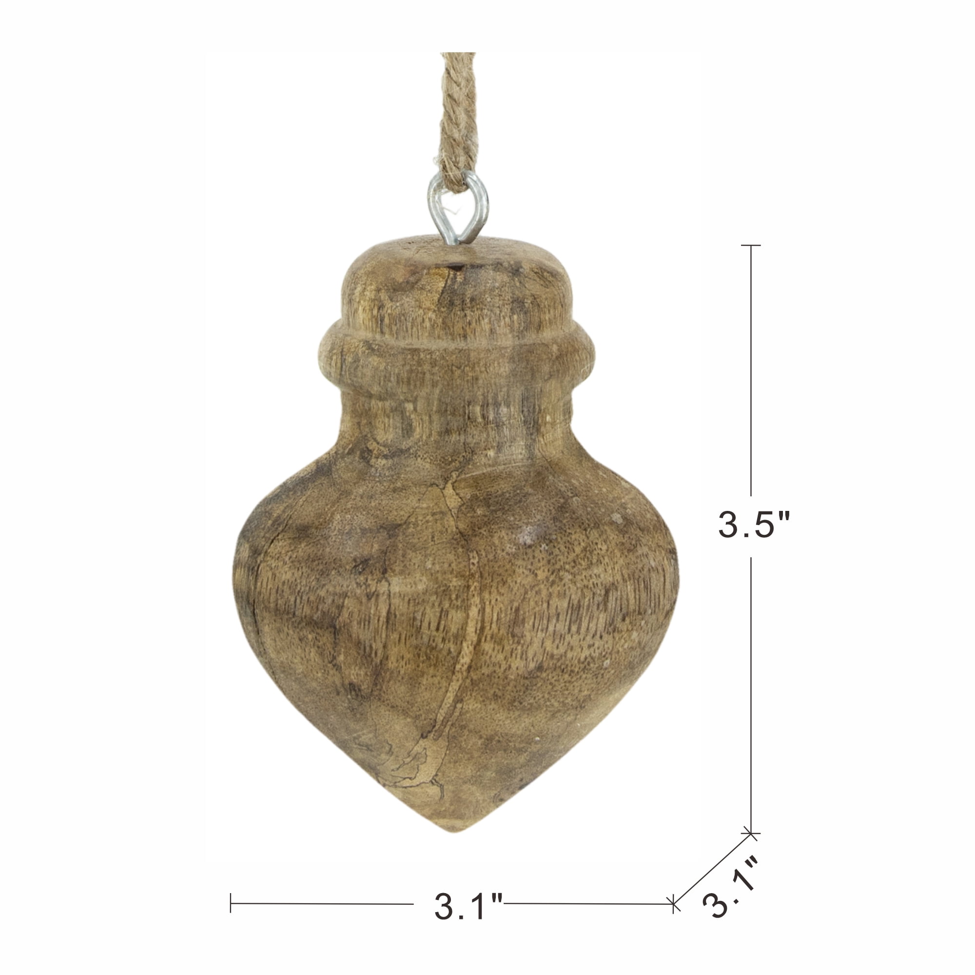 Sustainable Mango Wood Christmas Ornament 3.1 Inch Natural Grain Jute Hanger Eco-Friendly Decor