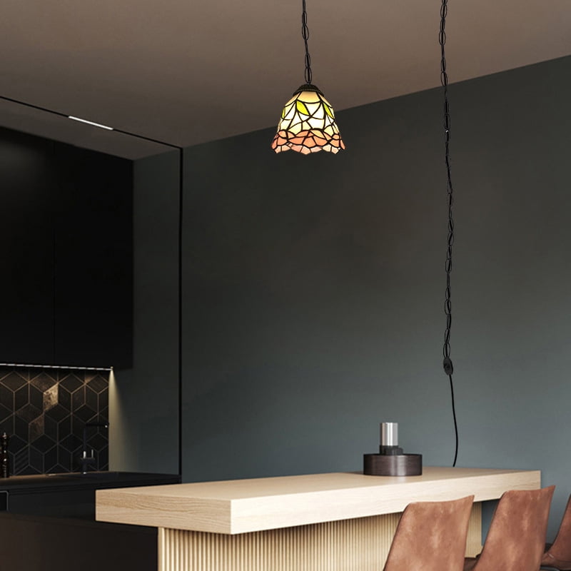 Kiven Plug in Pendant Light,E26 Socket Tiffany Style Hanging Light Fixture with 13ft Iron Chain, Dimmable,1-light