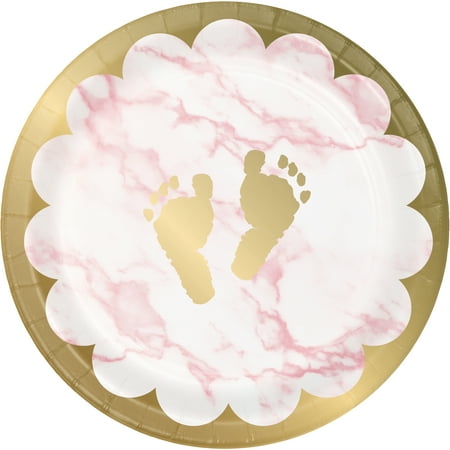 product image of Pink Marble Baby Shower Footprints Dessert Plates 24 Count