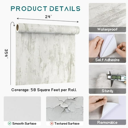 Distressed Beige Concrete Wallpaper Peel and Stick Plaster Limewash Wallpaper 24''x354'' Renter Friendly Self Adhesive Waterproof Concrete Contact Paper for Countertops Bedroom Bathroom Walls