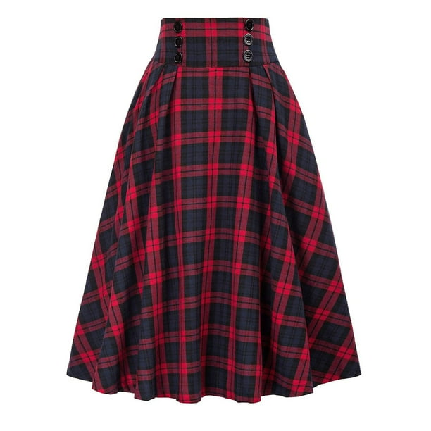 ICHUANYI Clearance Women Fashion Plaid Printing With Buttons Vintage High Waist Pleated Skirt(Red, S) ICHUANYI WER2023081003572