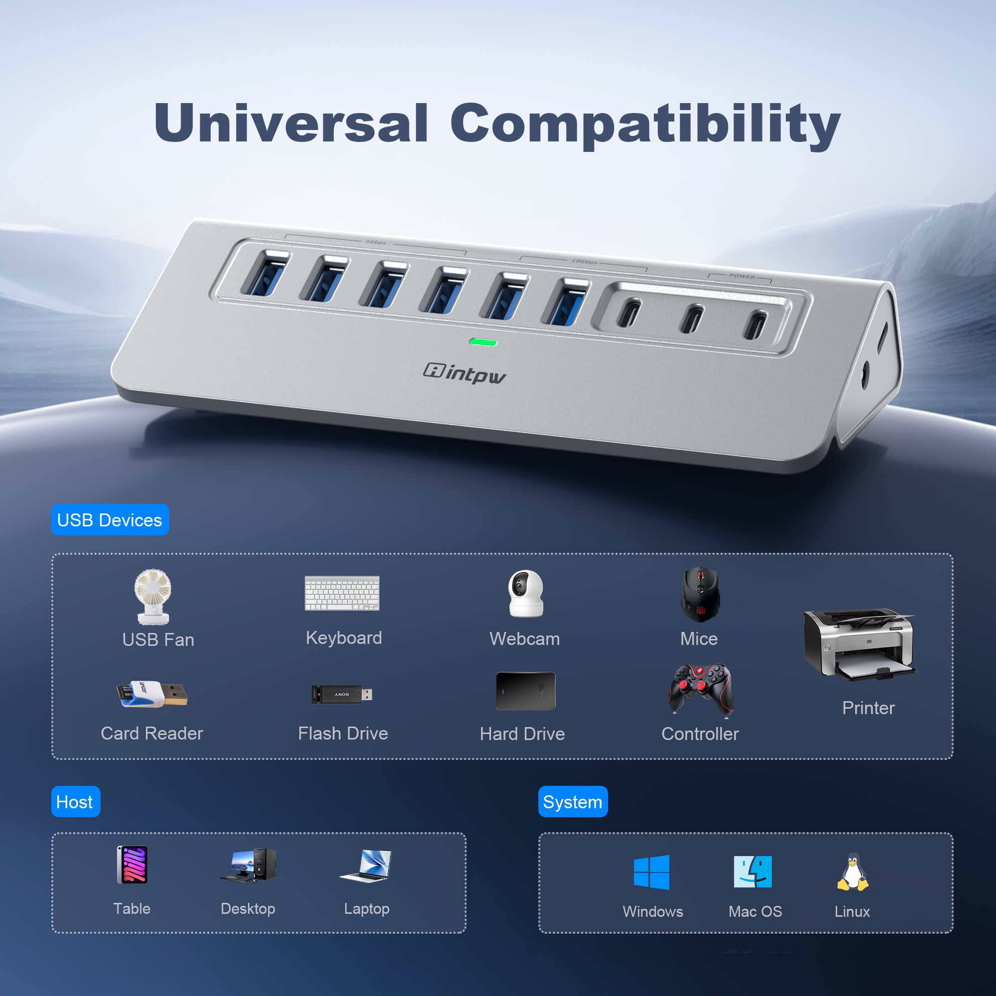 INTPW Powered USB C Hub for Laptop, 9-Port USB Hub with 10Gbps Data Transfer, 45W PD Charging, USB C and USB A Ports for MacBook and PC