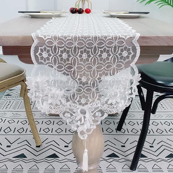 Long Table Runner Lace Embroidered Dresser Scarf Flower Doilies for Wedding Party Cabinet Dinner Tables