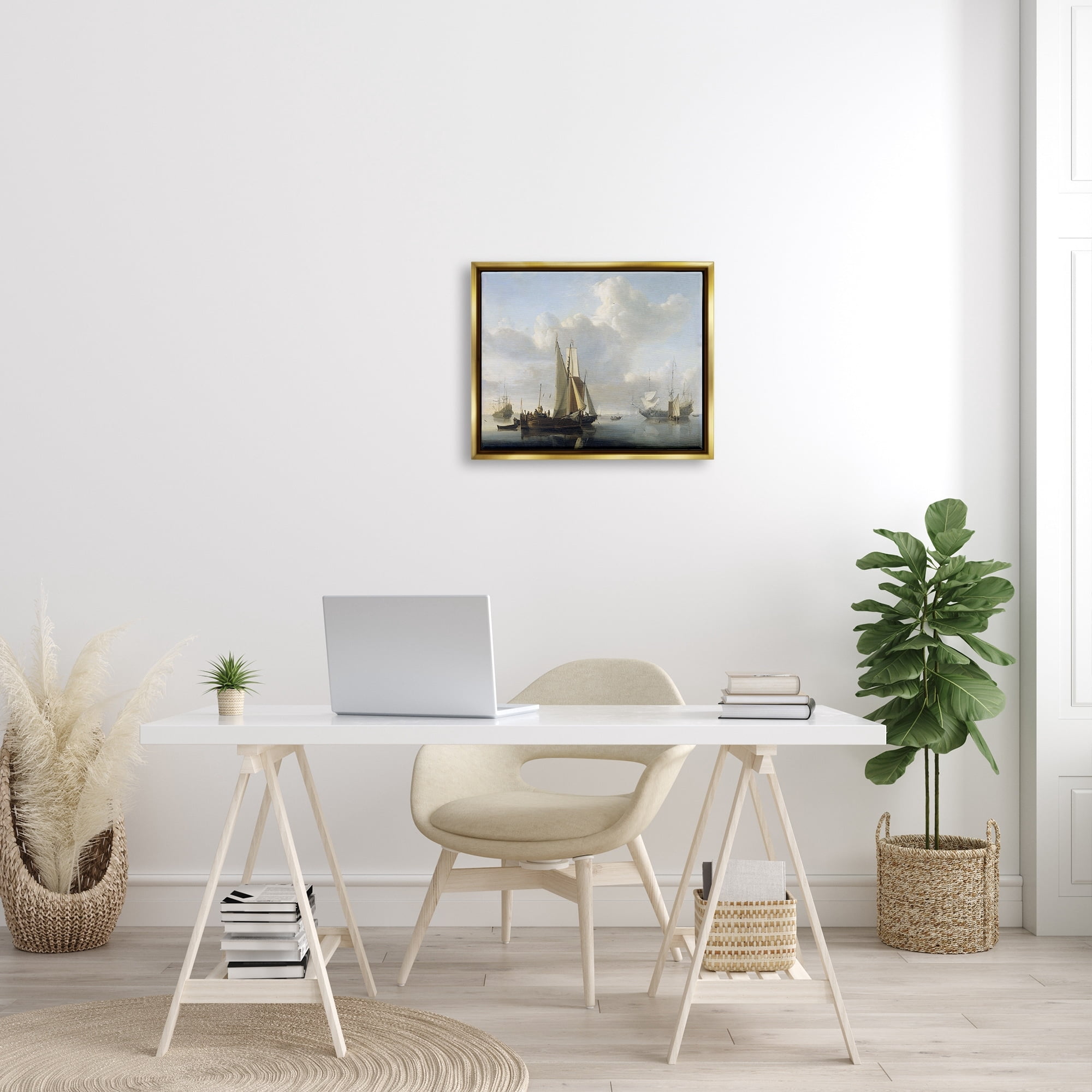 Stupell Industries Ships before the Shore Willem van de Velde Classic Painting Painting Metallic Gold Floating Framed Canvas Print Wall Art, Design by one1000paintings