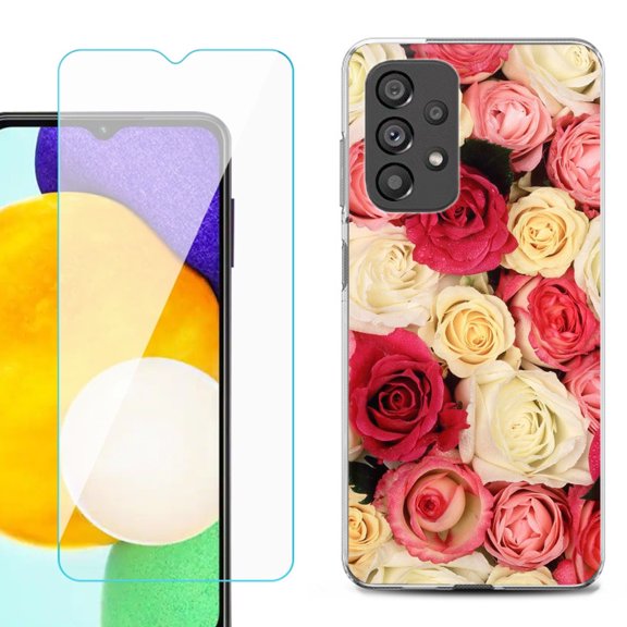 Slim-Fit Gel TPU Phone Case for Samsung Galaxy A23 5G, with Tempered Glass Screen Protector, by OneToughShield ® - Rose Bouquet