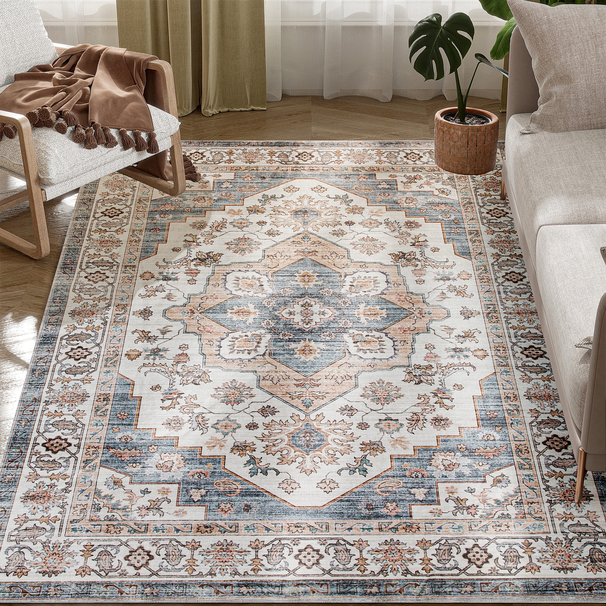 HOMCOM 4x6 Area Rug, Vintage Machine Washable Rug, Non-Slip Low Pile Carpet for Living Room, Bedroom, Dining Room, Home Office, Brown and Light Blue