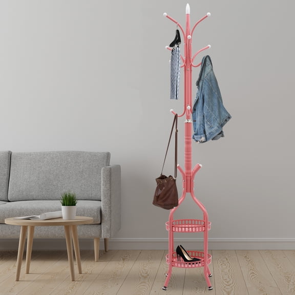 1 PCS Pink Clothes Hanging Rack Coat Rack Stand, Free Standing Coat Hanger Holder, used in Hallway, Bedroom, Living Room, Bathroom, Entryway, 31*31*185cm/12.2*12.2*72.8in