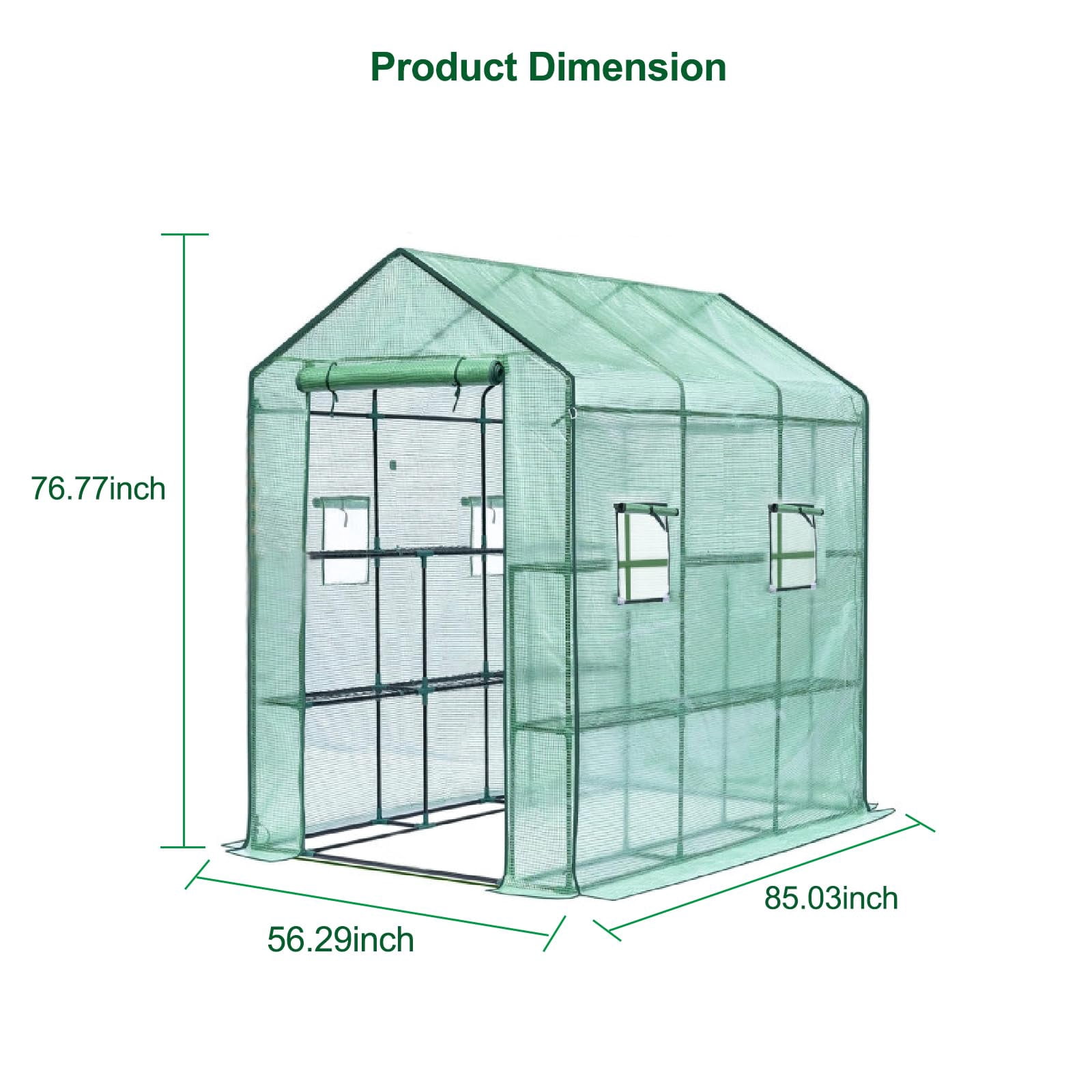Heavy Duty Walk-In Greenhouse – 56" x 85" x 76" Portable Plant Shelter with 8 Shelves, PE Cover, Mesh Side Windows – Ideal for Outdoor & Indoor Use, Backyard, Patio, Vegetable Plants – Green