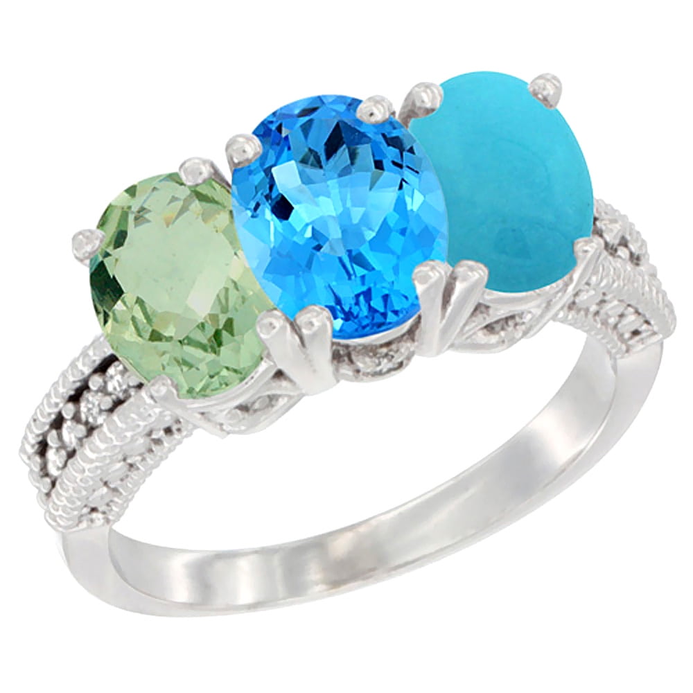 10K White Gold Natural Green Amethyst, Swiss Blue Topaz & Turquoise Ring 3-Stone Oval 7x5 mm Diamond Accent, sizes 5 10 by WorldJewels