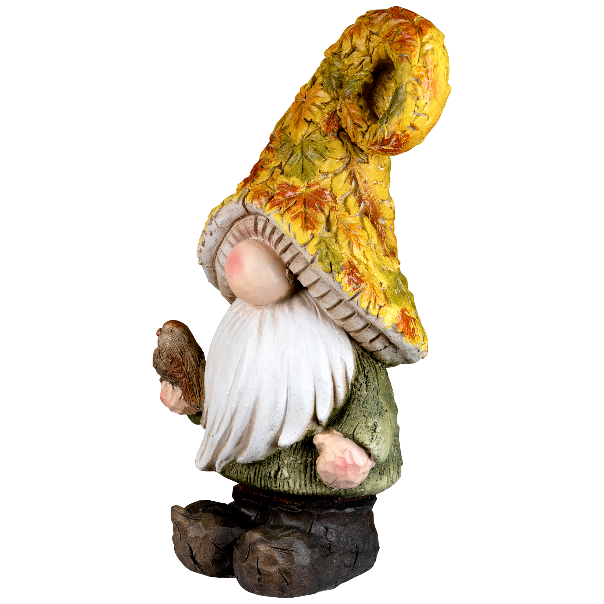 Fall Harvest Gnome in Maple Leaf Mushroom Hat Holding Bird - 16.5"
