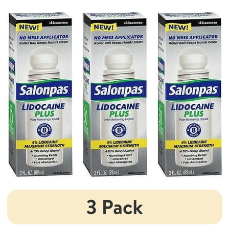 (3 pack) Salonpas lidocaine plus roll on pain relieving 4% lidocaine 3oz each