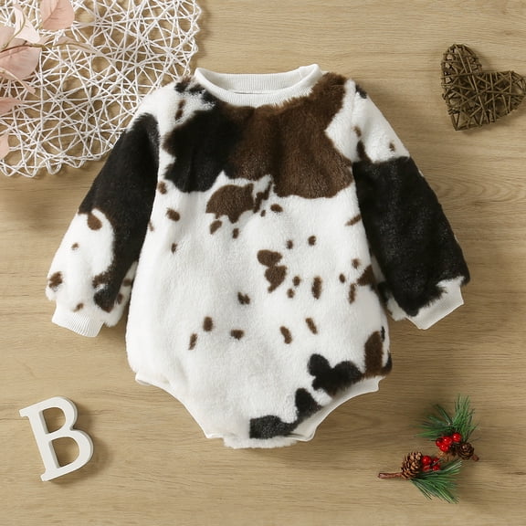 Baby Boys Girls Romper Outwear Plush Long Sleeve Cow Printed Thick Warm Sweatshirt Jumpsuits